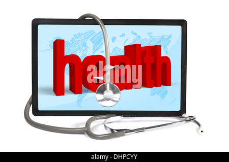 Stethoskop und Touchpad auf weißem Hintergrund Stockfoto