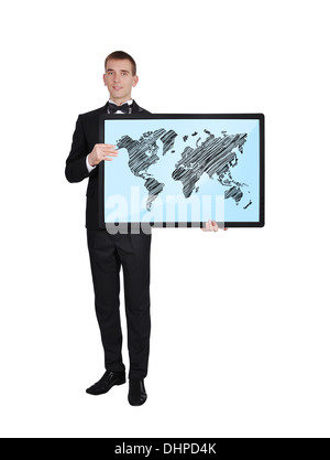 Geschäftsmann in Smoking Holding Tablet mit Weltkarte Stockfoto