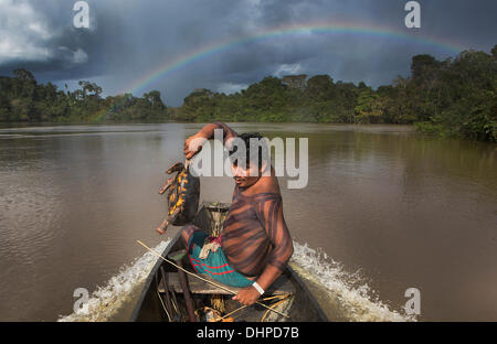 27. April 2013 - Poti-Kro, Para, Brasilien - KROIRE, ein Krieger der Poti-Kro, kehrt von einer erfolgreichen Jagdreise mit Jabuti, eine Land-Schildkröte. Dorfbewohner nehmen in der Regel Boote auf verschiedene Teile des Dschungels, overhunting einem bestimmten Gebiet zu vermeiden. Die Ureinwohner Xikrin live auf der Bacaja, einem Nebenfluss des am Xingu-Fluss, wo Bau des Belo-Monte-Staudamm Höhepunkt Bau erreicht. Einige Wissenschaftler warnen, dass der Wasserstand der Bacaja jäh durch den Damm sinkt. (Kredit-Bild: © Taylor Weidman/ZUMA Wire/ZUMAPRESS.com) Stockfoto