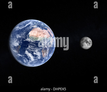 Ein Vergleich zwischen den Planeten Erde und der Mond auf einem Sternenhimmel. Stockfoto