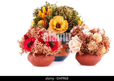 Blumen in Vasen isoliert auf weißem Hintergrund. Stockfoto