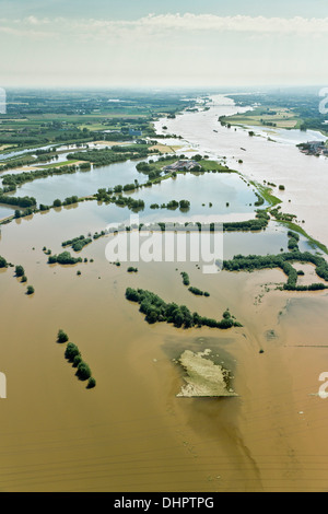 Niederlande, Dodewaard. Fluss Waal. Überfluteten Land und Auen. Luftbild Stockfoto