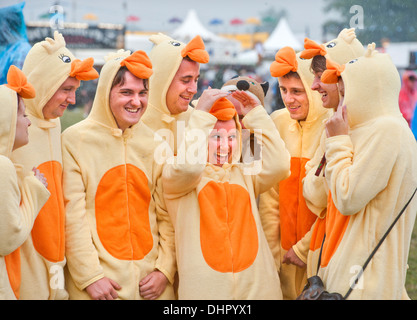 Das Reading Festival - eine Gruppe von Freunden gekleidet wie Hühner das nasse Wetter Aug 2013 trotzen Stockfoto