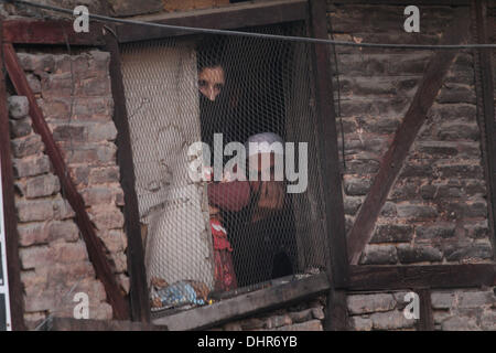 Srinagar, Kaschmir. 14. November 2013.  Kashmiri sieht bei einer Muharram Prozession statt am 9. Tag von Ashura, welche die Tötung des Propheten Mohammeds Enkel im Südirak im siebten Jahrhundert in Srinagar, erinnert sich der Sommer-Capiatl des indischen Kaschmir. Während des schiitischen muslimischen Heiligen Monats Muharram, große Prozessionen werden gebildet und die Anhänger parade die Straßen halten Banner und Modelle des Mausoleums von Hazrat Imam Hussain und sein Volk zu tragen, fiel bei Karbala. Bildnachweis: ZUMA Press, Inc./Alamy Live-Nachrichten Stockfoto