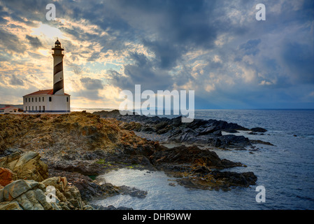 Cap de Favaritx Sonnenuntergang Leuchtturm Cape in Mahon auf den Balearen Spanien Stockfoto