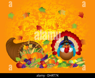 Thanksgiving Day Herbst Freigebige Ernte Füllhorn mit Türkei Pilger Kürbisse Obst und Gemüse illustration Stockfoto