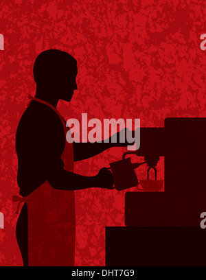 Männlichen Kaffee Barista Silhouette Zubereitung von Espresso und Milch mit Espresso-Maschine auf rot dämpfen strukturiertem Hintergrund Illustration Stockfoto