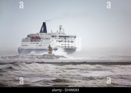 Holland, IJmuiden, DFDS Fähre kommt aus Newcastle während schweren StoL am Nordsee Stockfoto
