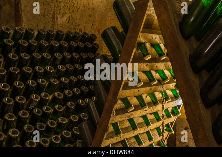 Reifung in Flaschen in den Kellern von Reims Champagne Stockfoto