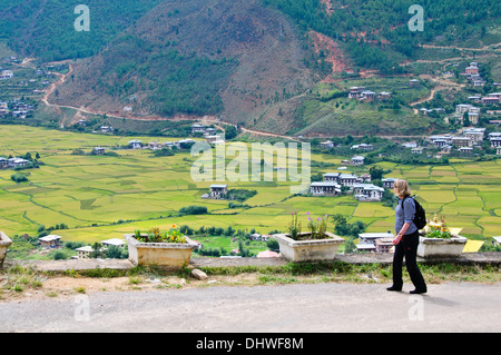 Ansichten von Paro Dzong mit Blick auf die Paro-Tal, Reisfelder, Landwirtschaft, Tiere, Architektur Gebäude, Paro Chhu Fluss, Bhutan Stockfoto