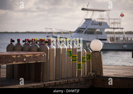 Tauchen Zylinder auf dem Steg in Bonaire, Niederländische Antillen Stockfoto