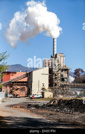 Jackson-Papier-Produktionsanlage mit Schornstein in den Smoky Mountains in Sylva, Nord-Carolina recycelt Papierprodukte. Stockfoto