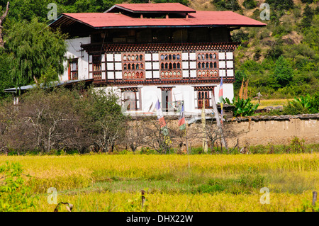 Typisches Bauernhaus umgeben von Reisfeldern, mit Tieren im Erdgeschoß, Bewohner im zweiten Stock, Paro, Bhutan Stockfoto