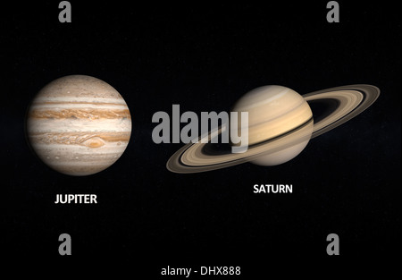 Ein Vergleich zwischen dem Gas Planeten Jupiter und Saturn auf einen Sternenhimmel mit englischen Untertiteln. Stockfoto