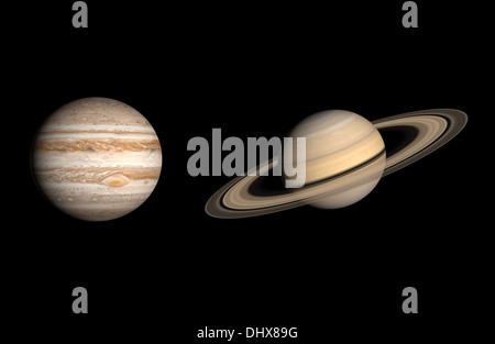 Ein Vergleich zwischen dem Gas Planeten Jupiter und Saturn auf einem sauberen schwarzen Hintergrund. Stockfoto