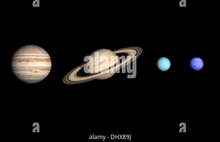 Ein Vergleich zwischen dem Gas Planeten Jupiter, Saturn, Uranus und Neptun auf einem sauberen schwarzen Hintergrund. Stockfoto