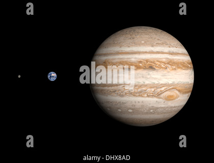 Ein Vergleich zwischen den Planeten Erde und Jupiter und Mond auf einem sauberen schwarzen Hintergrund. Stockfoto