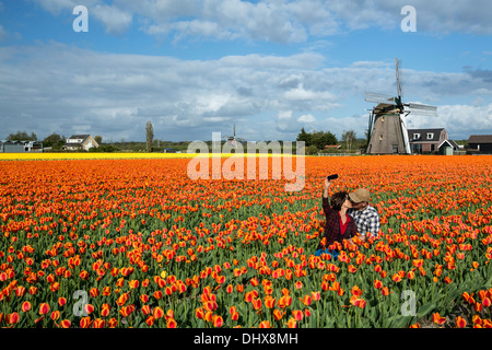 Niederlande, Noordwijkerhout, Tulpenfeld, Windmühle. Touristen paar küssen und Aufnahme Stockfoto