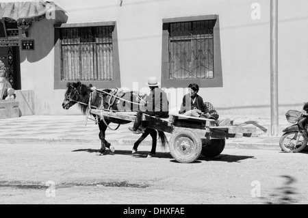 Pferd und Wagen in Tibet schwarz / weiß Stockfoto