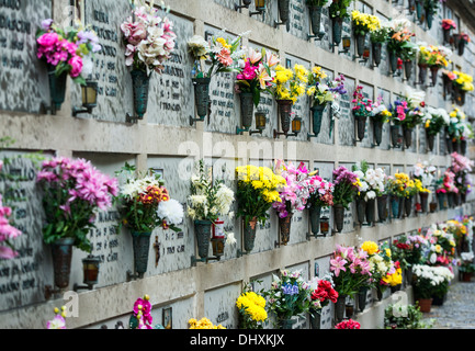 Frische Blumen schmücken die Grüften des Dorfes Friedhof, Porto Venere, Italien Stockfoto