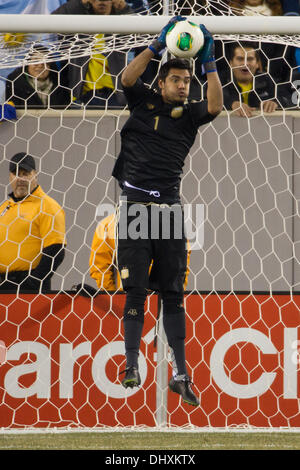 ein Unentschieden, 0: 0. 15. November 2013. Argentinien-Torhüter Sergio Romero (1) Sprünge zu speichern während der internationalen Fußball-Gillette Series Spiel zwischen Argentinien und Ecuador im MetLife Stadium in East Rutherford, New Jersey. Das Spiel endet unentschieden, 0: 0. (Christopher Szagola/Cal Sport Media) © Csm/Alamy Live-Nachrichten Stockfoto