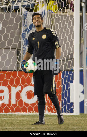 ein Unentschieden, 0: 0. 15. November 2013. Argentinien-Torhüter Sergio Romero (1) blickt auf mit dem Ball in der Gillette International Soccer-Serie-Spiel zwischen Argentinien und Ecuador im MetLife Stadium in East Rutherford, New Jersey. Das Spiel endet unentschieden, 0: 0. (Christopher Szagola/Cal Sport Media) © Csm/Alamy Live-Nachrichten Stockfoto