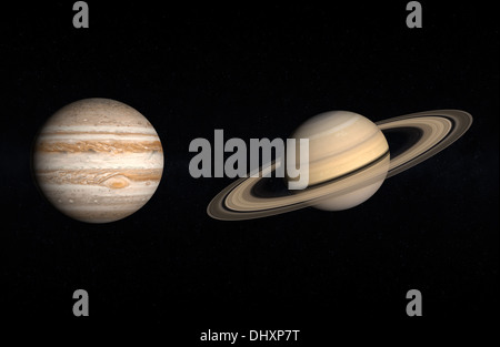 Ein Vergleich zwischen dem Gas Planeten Jupiter und Saturn auf einen Sternenhimmel. Stockfoto