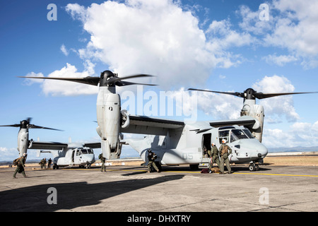 Zwei MV-22 Fischadler mit Marine Medium Tiltrotor Squadron 262, 1. Marine Air Wing, vorbereiten, um Hilfsgüter in Tacloban auszulagern Stockfoto