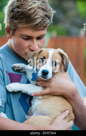 Gut aussehende Teenager küssen einen neuen Welpen von Hund-Rettungsprogramm in Los Angeles Stockfoto