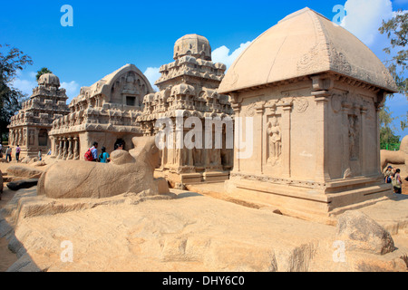 Pancha Rathas, cave Tempel (7. Jahrhundert), Mahabalipuram, Tamil Nadu, Indien Stockfoto