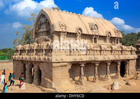 Pancha Rathas, cave Tempel (7. Jahrhundert), Mahabalipuram, Tamil Nadu, Indien Stockfoto