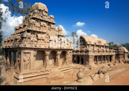 Pancha Rathas, cave Tempel (7. Jahrhundert), Mahabalipuram, Tamil Nadu, Indien Stockfoto