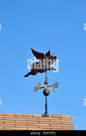 Eine vertikale Aufnahme von einer fliegenden Schwein Wetterfahne Stockfoto