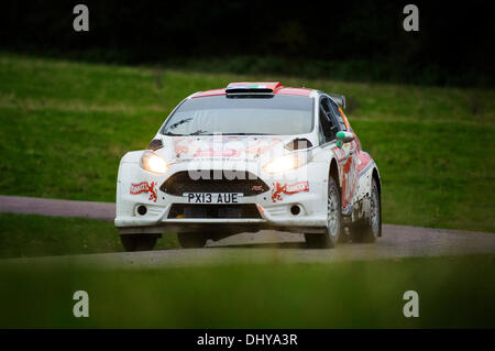 Wrexham, Wales. 16. November 2013. Robert Barrable von Irland (IRL) und Stuart Loudon von Großbritannien (GBR) fahren ihre Freibeuter WRC 2 Ford Fiesta R5 auf der Bühne Chirk (SS15) bei Tag 3 der Wales-Rallye Großbritannien, die letzte Runde der 2013 FIA Rallye WM. Bildnachweis: Aktion Plus Sport/Alamy Live-Nachrichten Stockfoto