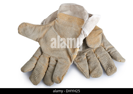 Schmutzig und abgedroschene Paar Canvas und Leder Arbeitshandschuhe auf weißem Hintergrund. Stockfoto