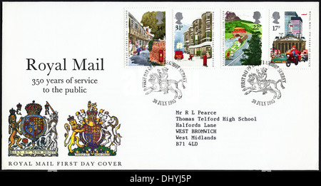 Festschrift Royal Mail 17p 22 p 31P & 34p Briefmarke Ersttagsbrief für Royal Mail 350 Jahre Ausgabe Sonderstempel Bagshot Surrey 30. Juli 1985 Stockfoto