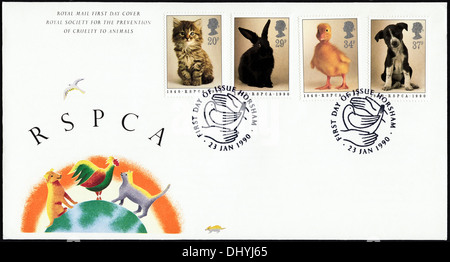Festschrift Royal Mail 20p 29 p 34p & 37p Briefmarke Ersttagsbrief RSPCA 1840-1990 Ausgabe Sonderstempel Horsham 23. Januar 1990 Stockfoto