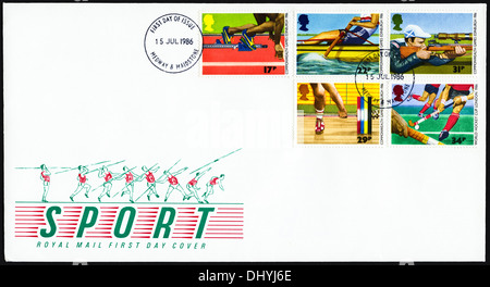 Festschrift Royal Mail 17p 22 p 29p 31 p & 34p Briefmarke abdecken erster Tag für Sport Thema Poststempel Medway & Maidstone 15. Juli 1986 Stockfoto