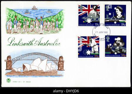 Festschrift 18p & 34p Briefmarke Ersttagsbrief für Linkswith Australien Zweihundertjahrfeier Ausgabe Sonderstempel Horsham West Sussex 21. Juni 1988 Stockfoto