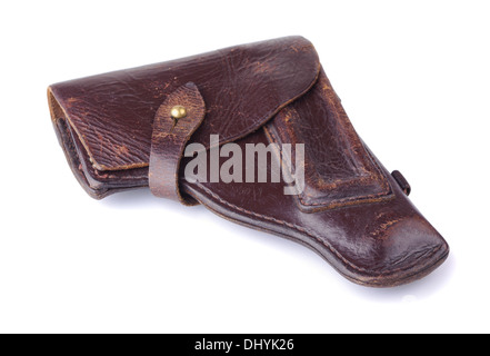 Alte braune Holster auf weißem Hintergrund Stockfoto