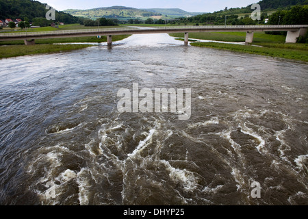 Überflutete Hochwasser-Rückhaltebecken des Flusses Leine, Salzderhelden, Einbeck, Niedersachsen, Deutschland, Europa, Stockfoto