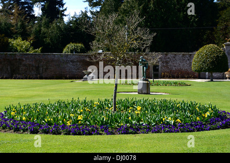 Powerscourt Estate Frühling Bett Grenze Pflanze Pflanzen Anzeige formale Gärten Tulpe Primel Runde Runde Kreis Voranbau Stockfoto