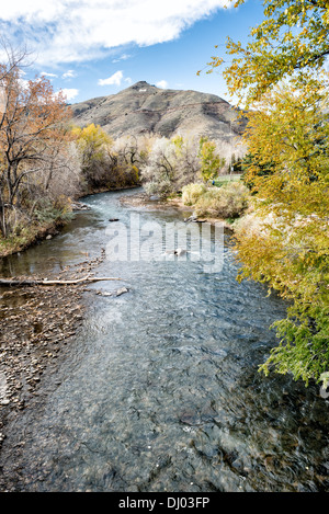 GOLDEN, Colorado - Clear Creek verläuft durch das Zentrum von Golden, Colorado, direkt außerhalb von Denver am östlichen Rand der Rocky Mountains. Das Golden Today wurde während des Pike's Peak Gold Rush gegründet und ist bekannt für sein reiches Erbe, Outdoor-Aktivitäten und den Geburtsort der Coors Brewery, die eine einzigartige Mischung aus Geschichte, Kultur und natürlicher Schönheit verkörpert. Stockfoto