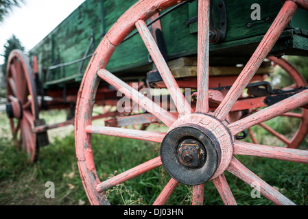 Antikes Wagenrad Clear Creek History Park Golden Colorado | GOLDEN, Colorado — Ein verwittertes Wagenrad mit rot gestrichenen Speichen und einem gusseisernen Nabe steht neben einem grünen Güterwagen im Clear Creek History Park. Wagen dieser Art transportierten Erz und Vorräte zwischen Golden und den Bergbaulagern des Clear Creek Canyon während des Pikes Peak Goldrausches, der 1859 begann, als Golden als Hauptversorgungsstadt der Region diente. Stockfoto