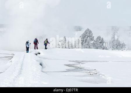 Drei Personen Schneeschuhwandern einen verschneiten Pfad auf der Old Faithful Geysir-Becken Promenade während eines Schneesturms im Yellowstone National Park Stockfoto