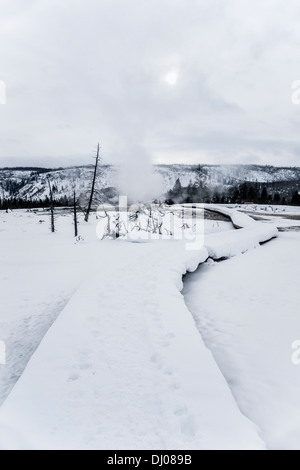 Verschneiten Strandpromenade rund um Keks Becken im Winter, Yellowstone National Park, UNESCO World Heritage Site, Wyoming, USA Stockfoto