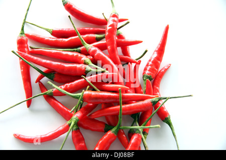 Nahaufnahme Bild eine Menge von Red hot Chili auf weißem Hintergrund. Stockfoto