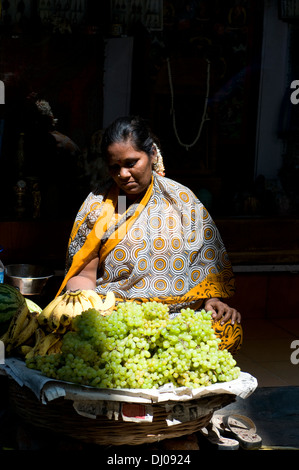 Inderin, Verkauf von Obst, Trauben und Bananen in die sonnigen Gefilde des Süd-Indien. Stockfoto