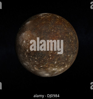 Ein gerendertes Bild des Jupiter Mond Callisto auf einen Sternenhimmel. Stockfoto