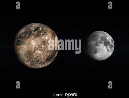 Eine gerenderte Größenvergleich der Jupiter-Mond Ganymed und der Erde-Mond auf einen Sternenhimmel. Stockfoto